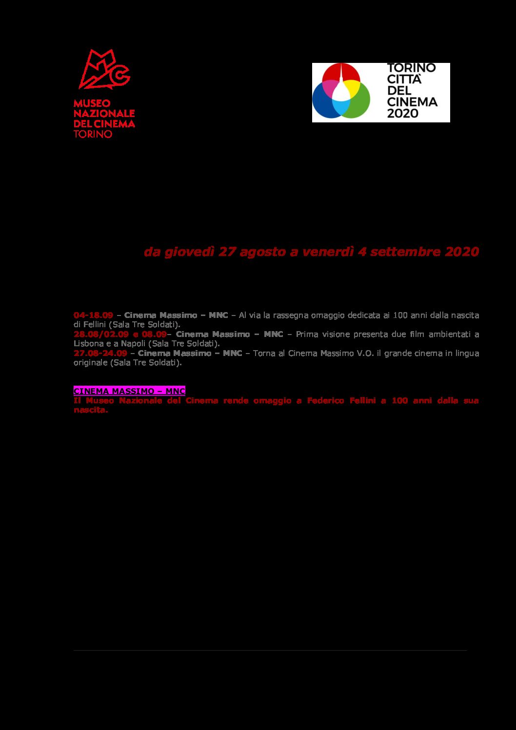 Cinema Massimo – MNC Mole Antonelliana Bibliomediateca AGENDA SETTIMANALE