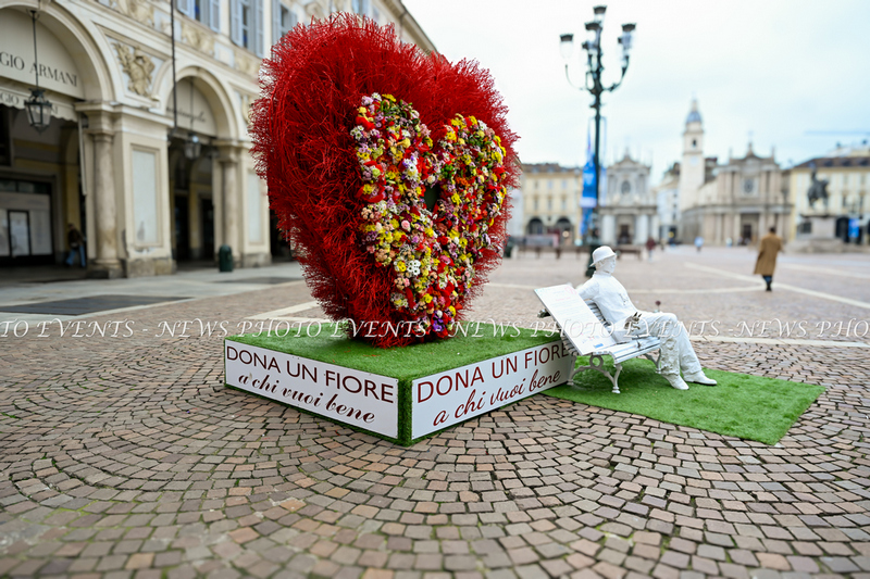 IN PIAZZA SAN CARLO IL GRANDE CUORE DI FIORI DI SAN VALENTINO RACCONTA LA POESIA DELL’ATTESA